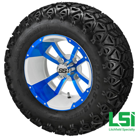 12X7 White & Blue Maltese Cross Wheel On 23X10.50-12 Black Trail Tire 12 Lifted Assembly