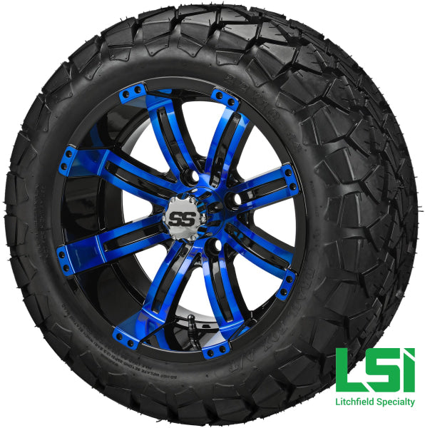 14X7 Black & Blue Casino Wheel On 22X10-14 Trail Fox 14 Lifted Assembly