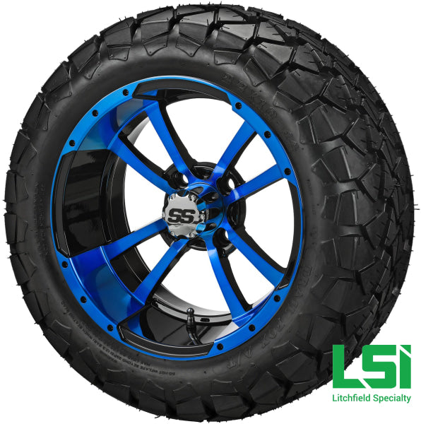 14X7 Black & Blue Maltese Cross Wheel On 22X10-14 Trail Fox 14 Lifted Assembly