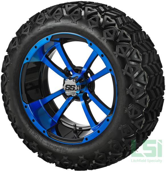 14X7 Black & Blue Maltese Cross Wheel On 23X10-14 Trail 14 Lifted Assembly