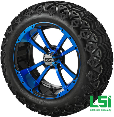 14X7 Black & Blue Maltese Cross Wheel On 23X10-14 Trail 14 Lifted Assembly