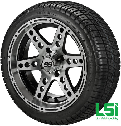 14X7 Black & Machined Chaos Wheel On 205/30-14 Deli Tire 14 Low Profile Assembly