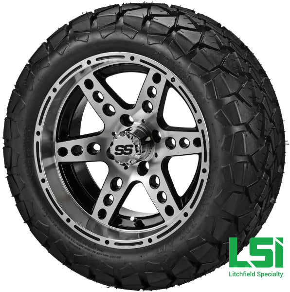 14X7 Black & Machined Chaos Wheel On 22X10-14 Trail Fox 14 Lifted Assembly