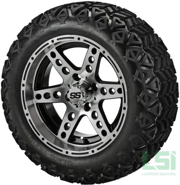 14X7 Black & Machined Chaos Wheel On 23X10-14 Trail 14 Lifted Assembly