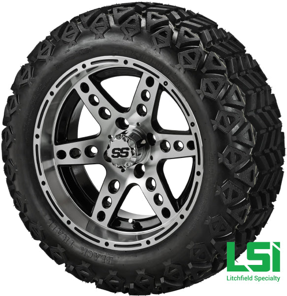 14X7 Black & Machined Chaos Wheel On 23X10-14 Trail 14 Lifted Assembly
