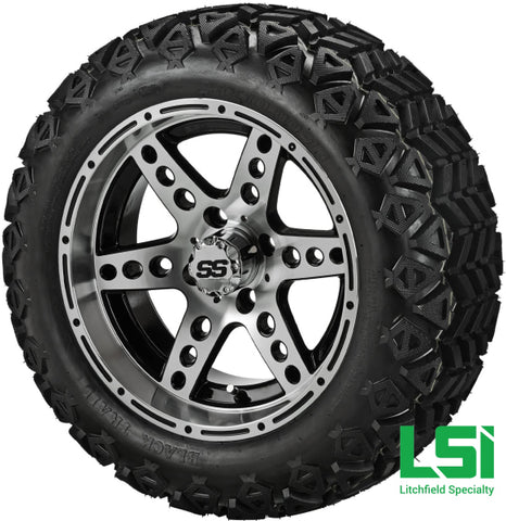 14X7 Black & Machined Chaos Wheel On 23X10-14 Trail 14 Lifted Assembly