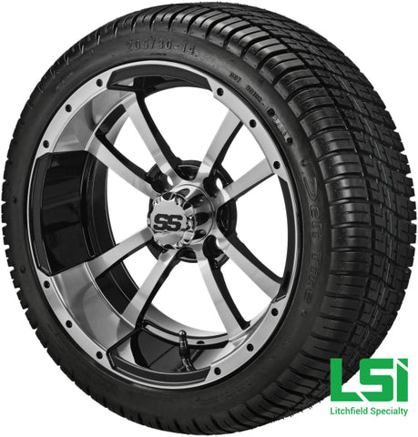 14X7 Black & Machined Maltese Cross Wheel On 205/30-14 Deli Tire 14 Low Profile Assembly