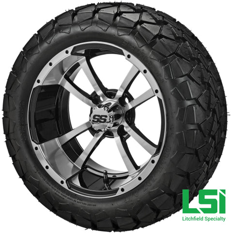 14X7 Black & Machined Maltese Cross Wheel On 22X10-14 Trail Fox 14 Lifted Assembly