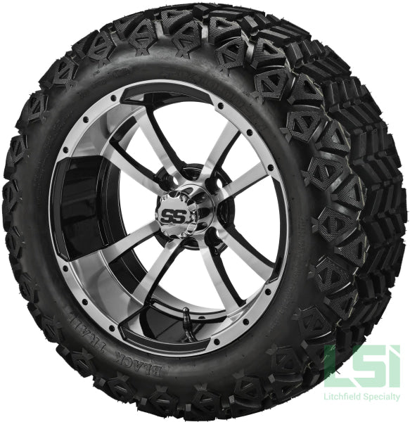 14X7 Black & Machined Maltese Cross Wheel On 23X10-14 Trail 14 Lifted Assembly