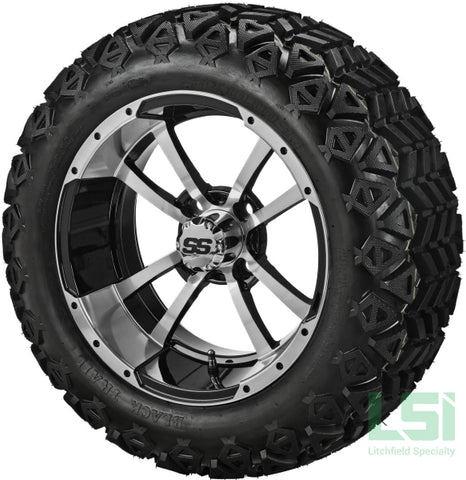 14X7 Black & Machined Maltese Cross Wheel On 23X10-14 Trail 14 Lifted Assembly