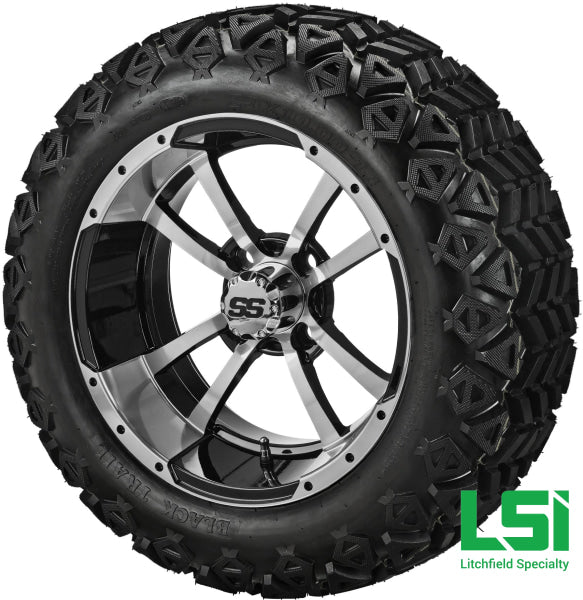 14X7 Black & Machined Maltese Cross Wheel On 23X10-14 Trail 14 Lifted Assembly