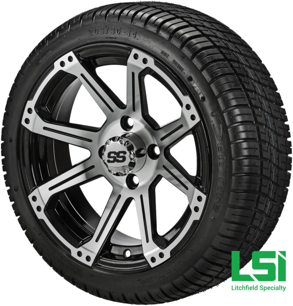 14X7 Black & Machined Rampage Wheel On 205/30-14 Deli Tire 14 Low Profile Assembly