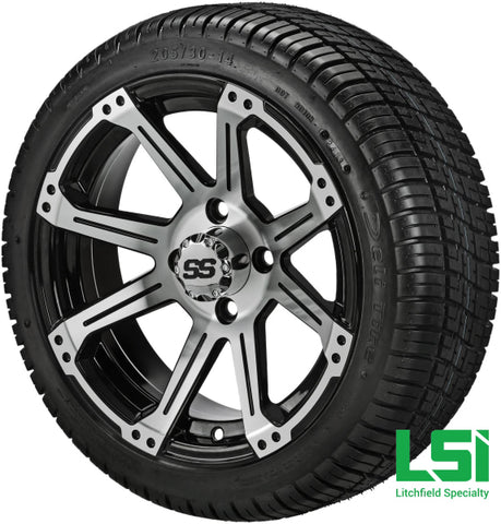 14X7 Black & Machined Rampage Wheel On 205/30-14 Deli Tire 14 Low Profile Assembly