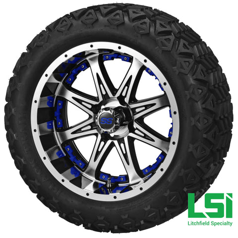 14X7 Black & Machined Revenge Wheel W/blue Inserts On 23X10-14 Trail 14 Lifted Assembly