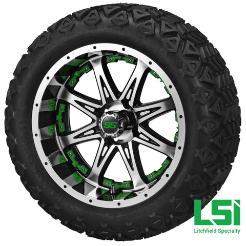 14X7 Black & Machined Revenge Wheel W/green Inserts On 23X10-14 Trail 14 Lifted Assembly