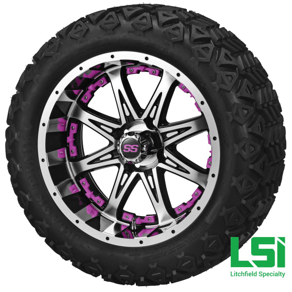 14X7 Black & Machined Revenge Wheel W/pink Inserts On 23X10-14 Trail 14 Lifted Assembly