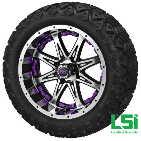 14X7 Black & Machined Revenge Wheel W/purple Inserts On 23X10-14 Trail 14 Lifted Assembly