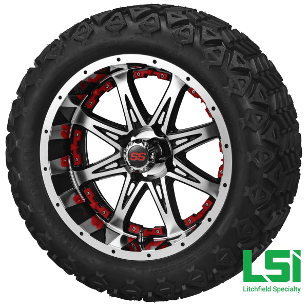 14X7 Black & Machined Revenge Wheel W/red Inserts On 23X10-14 Trail 14 Lifted Assembly