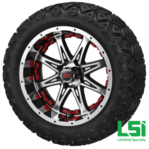 14X7 Black & Machined Revenge Wheel W/red Inserts On 23X10-14 Trail 14 Lifted Assembly