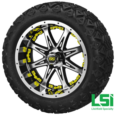 14X7 Black & Machined Revenge Wheel W/yellow Inserts On 23X10-14 Trail 14 Lifted Assembly
