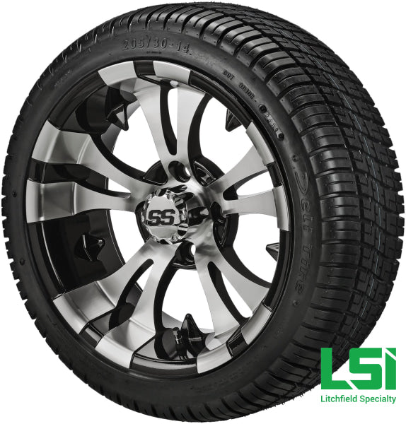 14X7 Black & Machined Warlock Wheel On 205/30-14 Deli Tire 14 Low Profile Assembly