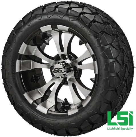 14X7 Black & Machined Warlock Wheel On 22X10-14 Trail Fox 14 Lifted Assembly