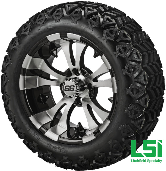 14X7 Black & Machined Warlock Wheel On 23X10-14 Trail 14 Lifted Assembly
