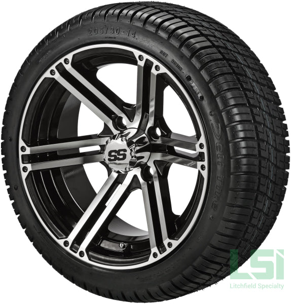 14X7 Black & Machined Yukon Wheel On 205/30-14 Deli Tire 14 Low Profile Assembly