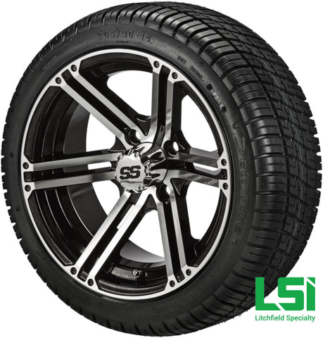 14X7 Black & Machined Yukon Wheel On 205/30-14 Deli Tire 14 Low Profile Assembly