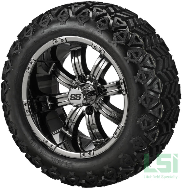 14X7 Black Mirror Casino Wheel On 23X10-14 Trail 14 Lifted Assembly