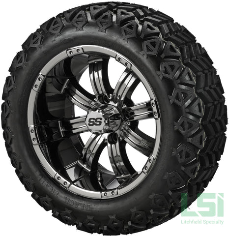 14X7 Black Mirror Casino Wheel On 23X10-14 Trail 14 Lifted Assembly