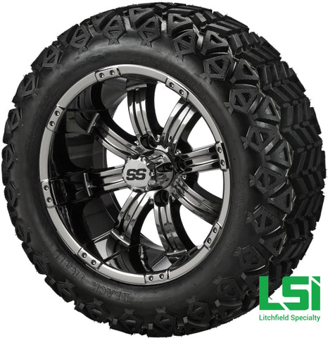 14X7 Black Mirror Casino Wheel On 23X10-14 Trail 14 Lifted Assembly