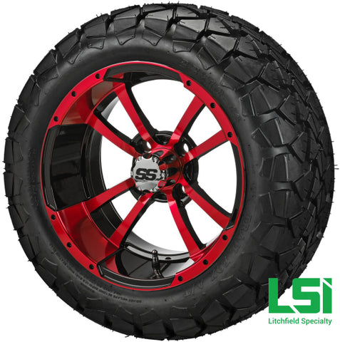 14X7 Black & Red Maltese Cross Wheel On 22X10-14 Trail Fox 14 Lifted Assembly