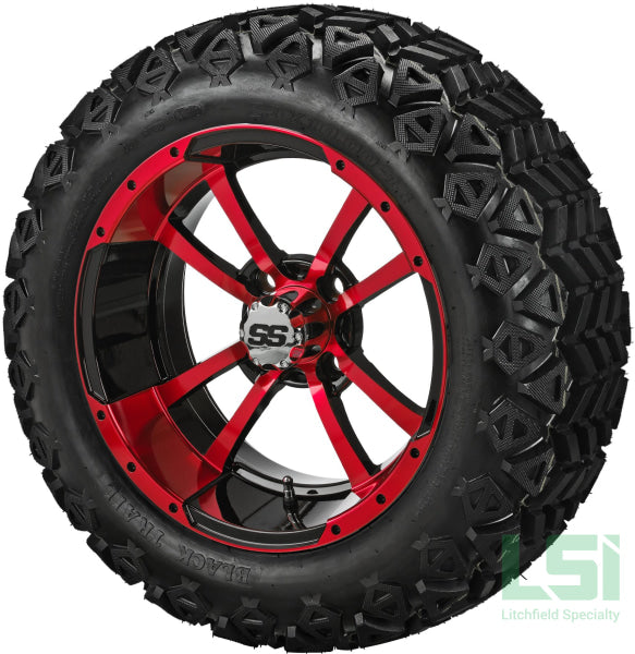 14X7 Black & Red Maltese Cross Wheel On 23X10-14 Trail 14 Lifted Assembly