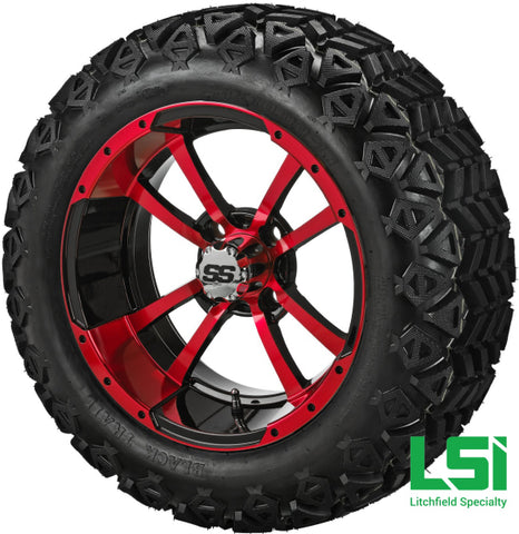 14X7 Black & Red Maltese Cross Wheel On 23X10-14 Trail 14 Lifted Assembly