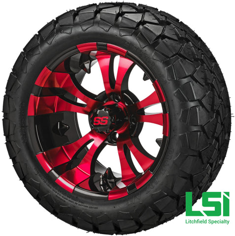 14X7 Black & Red Warlock Wheel On 22X10-14 Trail Fox 14 Lifted Assembly