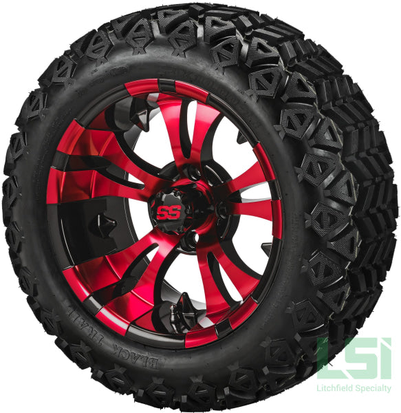 14X7 Black & Red Warlock Wheel On 23X10-14 Trail 14 Lifted Assembly