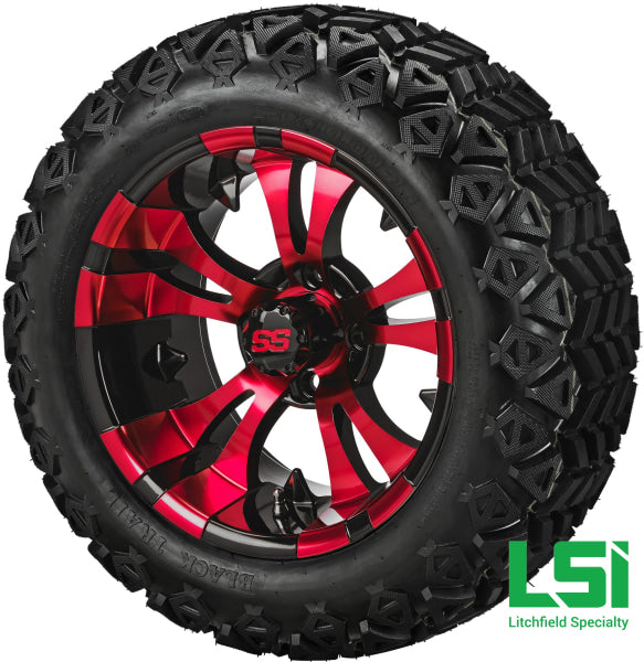 14X7 Black & Red Warlock Wheel On 23X10-14 Trail 14 Lifted Assembly