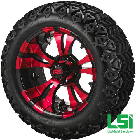 14X7 Black & Red Warlock Wheel On 23X10-14 Trail 14 Lifted Assembly