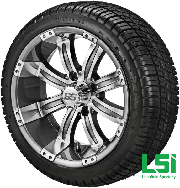 14X7 Gun Metal Gray & Machined Casino Wheel On 205/30-14 Deli Tire 14 Low Profile Assembly