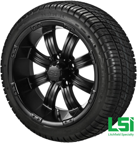 14X7 Matte Black Casino Wheel On 205/30-14 Deli Tire 14 Low Profile Assembly
