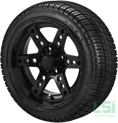 14X7 Matte Black Chaos Wheel On 205/30-14 Deli Tire 14 Low Profile Assembly
