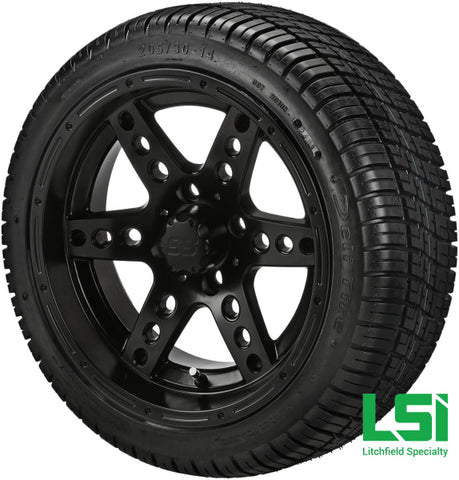 14X7 Matte Black Chaos Wheel On 205/30-14 Deli Tire 14 Low Profile Assembly