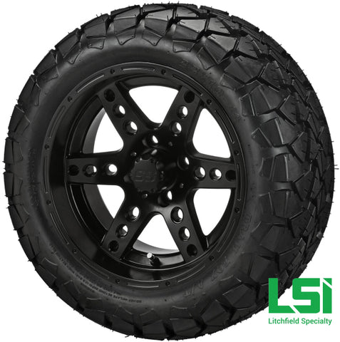 14X7 Matte Black Chaos Wheel On 22X10-14 Trail Fox 14 Lifted Assembly