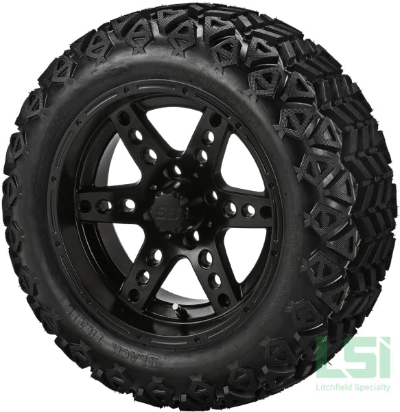 14X7 Matte Black Chaos Wheel On 23X10-14 Trail 14 Lifted Assembly