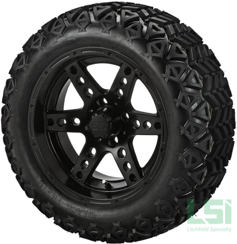 14X7 Matte Black Chaos Wheel On 23X10-14 Trail 14 Lifted Assembly