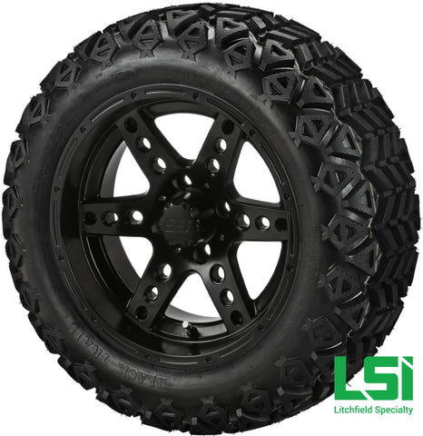 14X7 Matte Black Chaos Wheel On 23X10-14 Trail 14 Lifted Assembly
