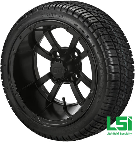 14X7 Matte Black Maltese Cross Wheel On 205/30-14 Deli Tire 14 Low Profile Assembly