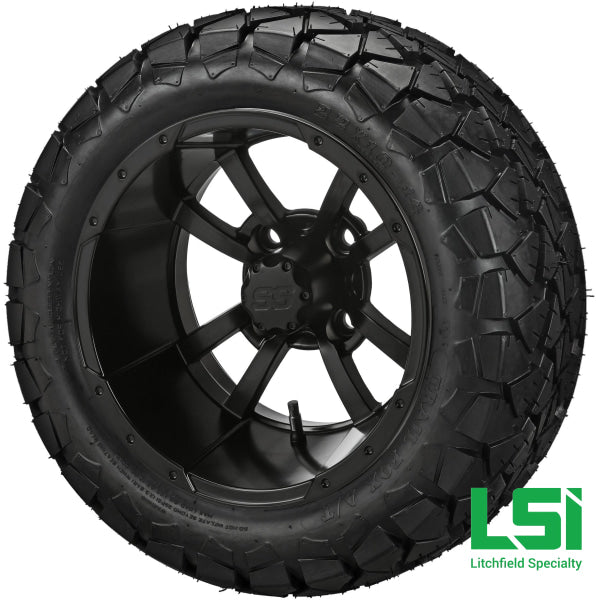 14X7 Matte Black Maltese Cross Wheel On 22X10-14 Trail Fox 14 Lifted Assembly