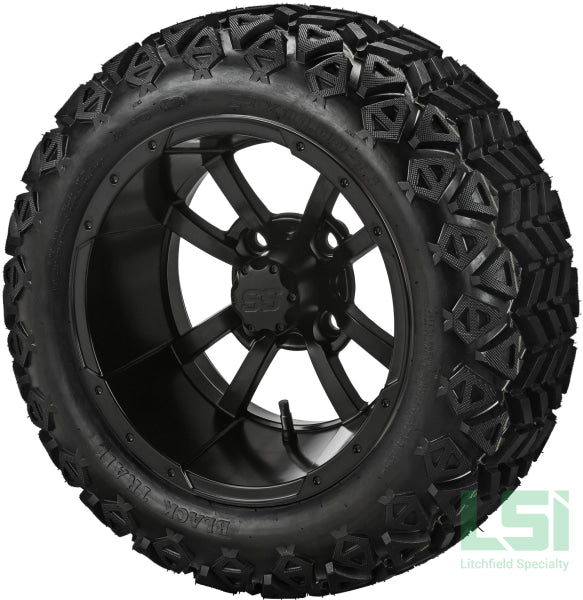 14X7 Matte Black Maltese Cross Wheel On 23X10-14 Trail 14 Lifted Assembly
